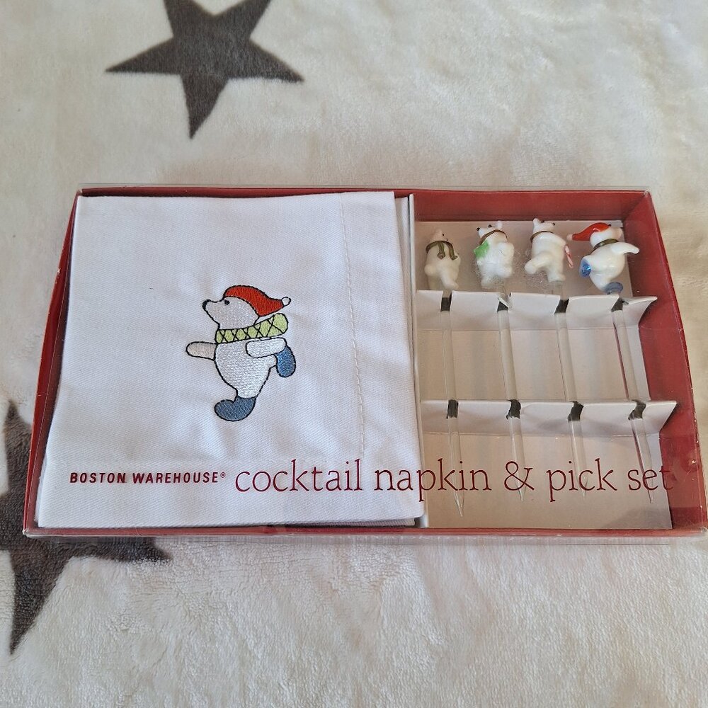 Boston Warehouse Polar Bears Christmas Winter Cocktail Napkin & Pick‎ Set of 4
